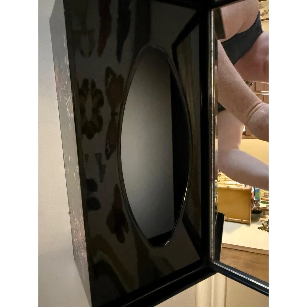 Vintage Japanese Floral Black Lacquer Style Tissue Box Cover with Int. Mirror